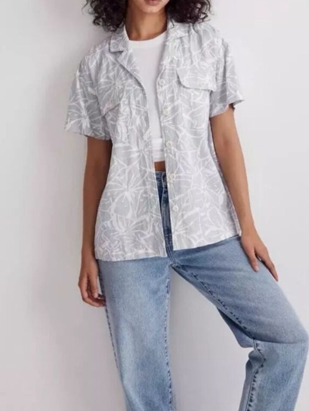 Madewell Abstract Flora Button Down Camp Shirt Blue White Linen Blend Small